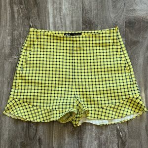 ZARA Yellow and Navy Blue Gingham High Waist Shorts. 1940s Vintage Style.
